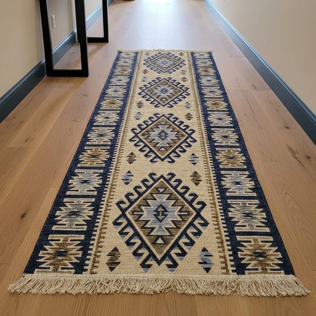 Turkish Kilim Rug, Vintage Bohemian Geometric Pattern, Blue and Beige, Reversible, Washable – Area Rug for Living Room, Hallway or Entryway, 2' x 4'1"