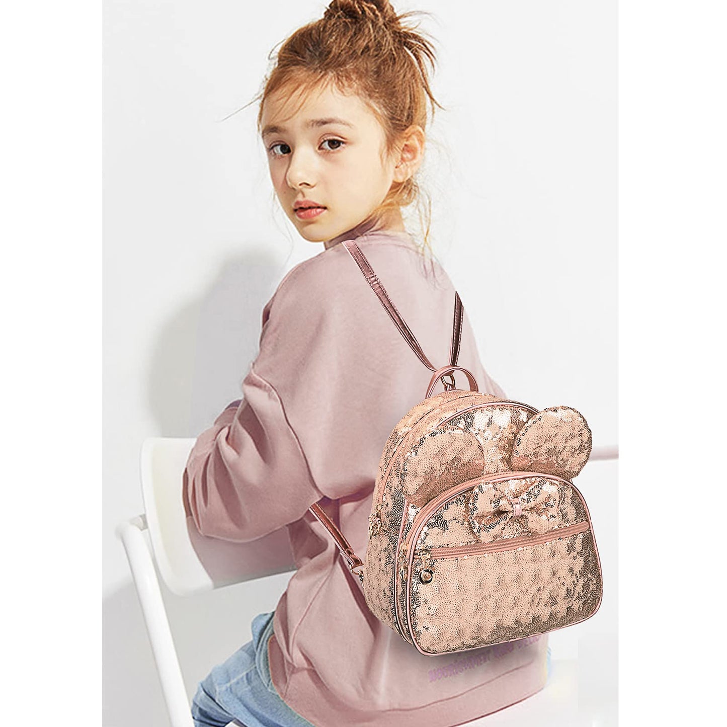 KL928 Girls Mini Backpack Bowknot Polka Dot Cute Daypacks Convertible Shoulder Bag Purse for Women (Brown) (Sequin Fluorescent Pink)