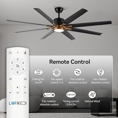 72 Inch Large Ceiling Fan with Light and Remote Control, 8 Blades Modern Ceiling Fan with Reversible DC Motor, Stepless Dimmable, Quiet for Indoor Use, Black and Gold