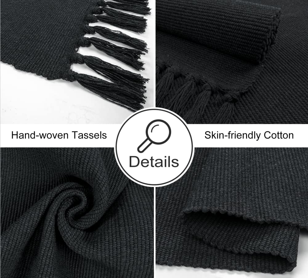 Seavish Black Kitchen Rug, 2x3 Cotton Hand Woven Recycled Throw Rug Runner Braided Entryway Floor Mat for Laundry Room Bathroom Bedroom Dorm