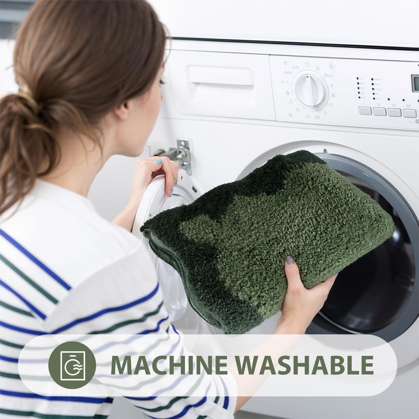 Uphome Scalloped Bathroom Rugs Sets 3 Piece Green Non-Slip Cute Absorbent Long Bath Mat with U-Shaped Contour Toilet Rug Fun Machine Washable Shaggy Bathroom Mats for Bathroom Tub Shower