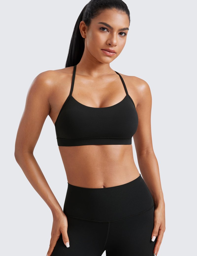 CRZ YOGA Butterluxe Y Back Sports Bras for Women - Padded Racerback Low Impact Spaghetti Thin Strap Workout Yoga Top Black Large