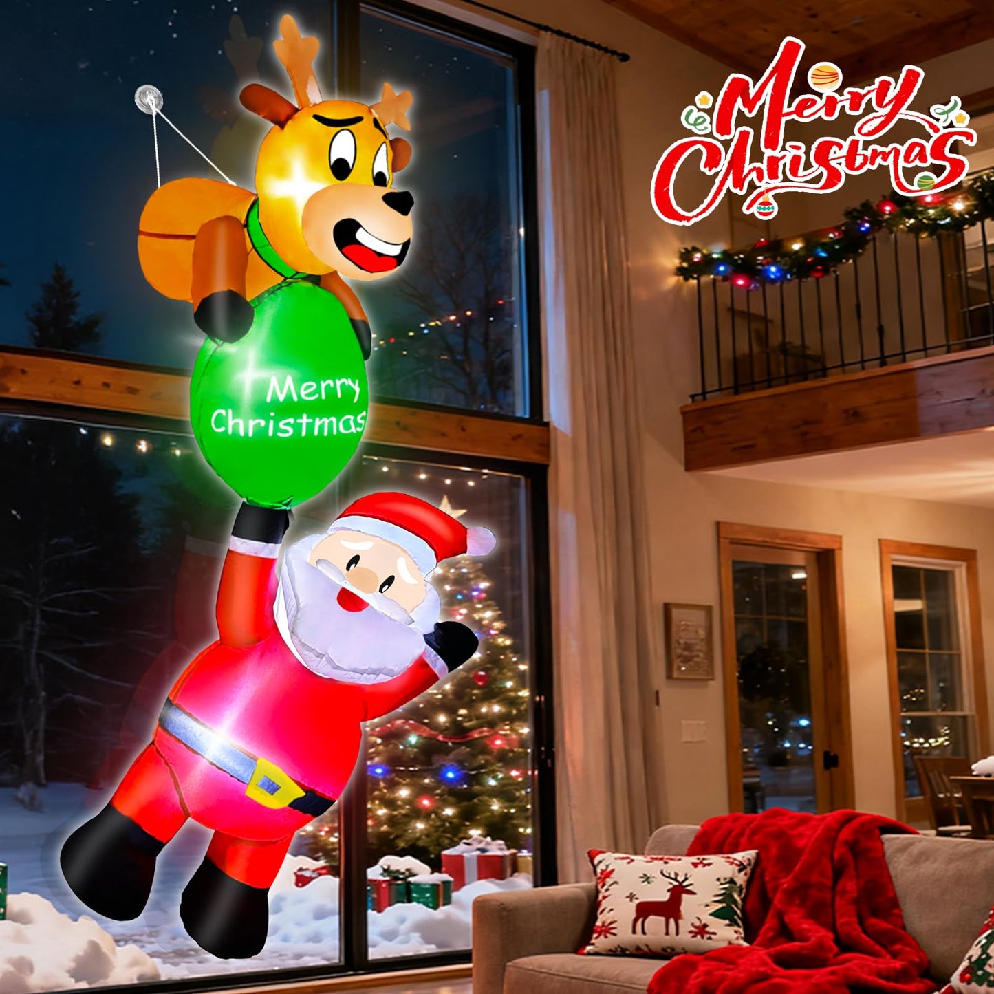 6 Ft Hanging Christmas Inflatables, Reindeer Pulling Gift with Climbing Santa Window Funny Blow Up Outdoor Christmas Decorations with Built-in LEDs Lights for Xmas Yard Lawn Home Roof Holiday Display