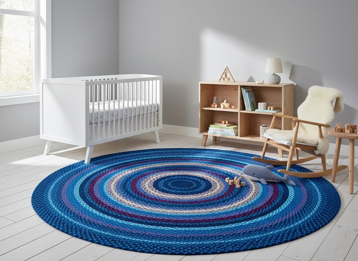Blue Handwoven Extra Large Round Rug 9x9 Ft Braided Soft Floor Carpet for Grand Living Rooms, Couch Lounges & Open Spaces (Ready to Ship)