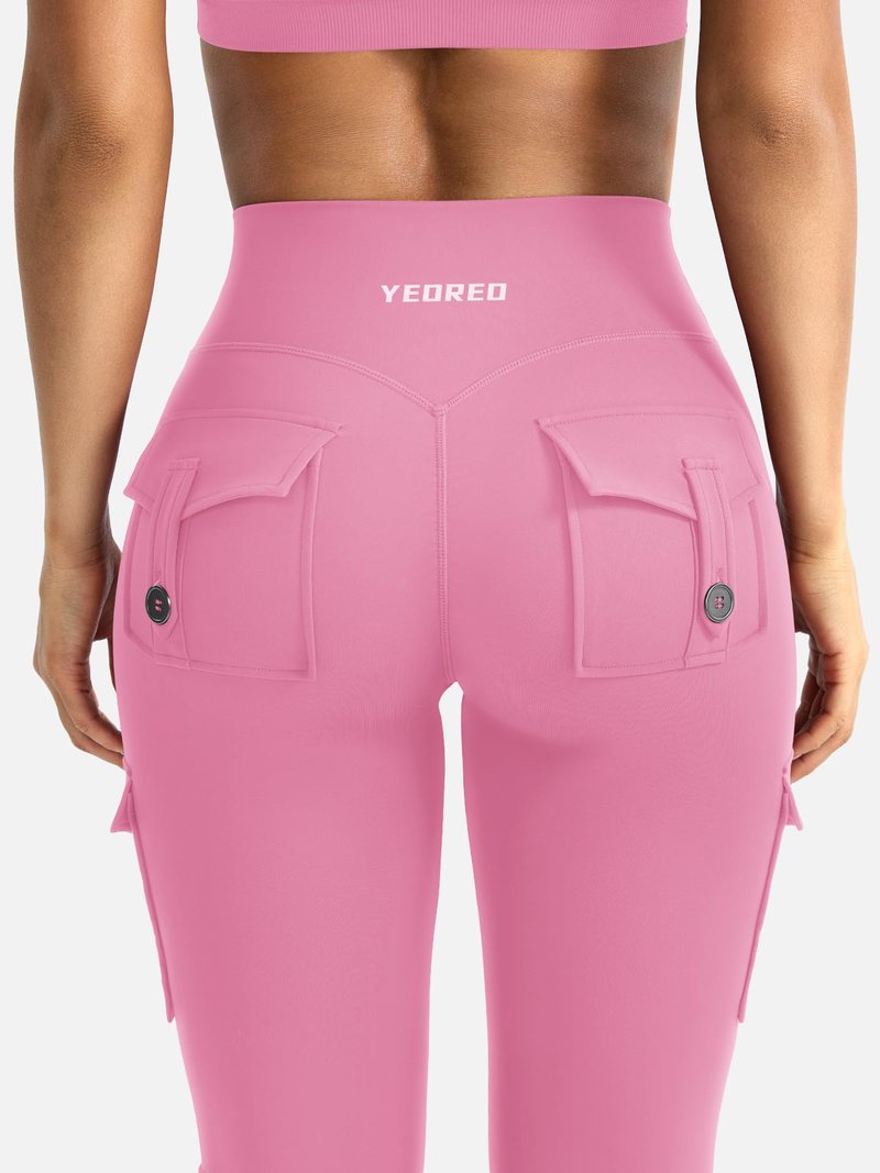 YEOREO CoreFlex Women Workout Flare Leggings with Pockets Scrunch Cargo Gym Yoga Leggings Pink M