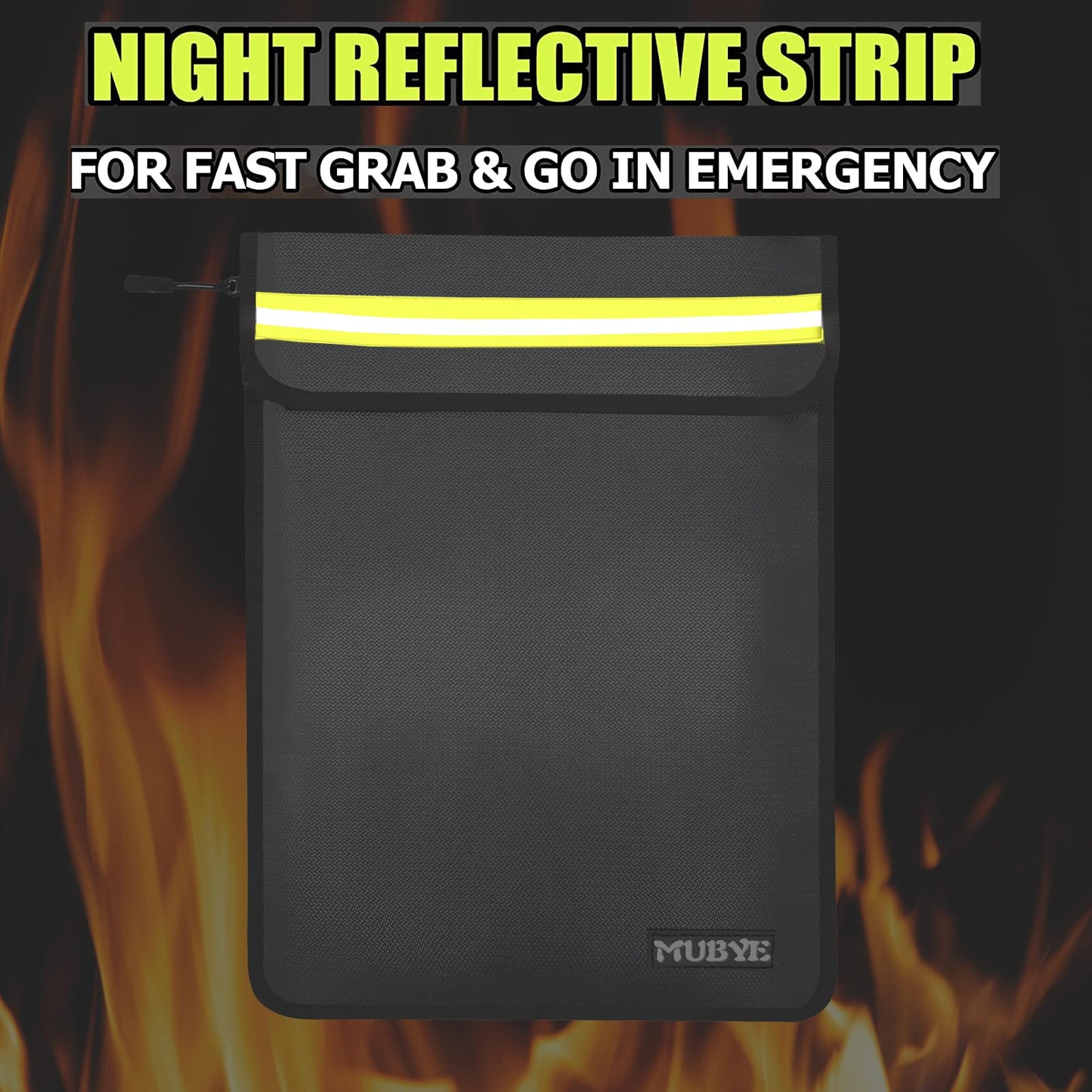 Fireproof Waterproof Money Document Bag - 15"x 11" Safe Zipper Bags with Reflective Strip, Fire & Water Proof Storage Organizer Pouch for Important Documents Holder,File,Cash,Passport,Tablet (Black)