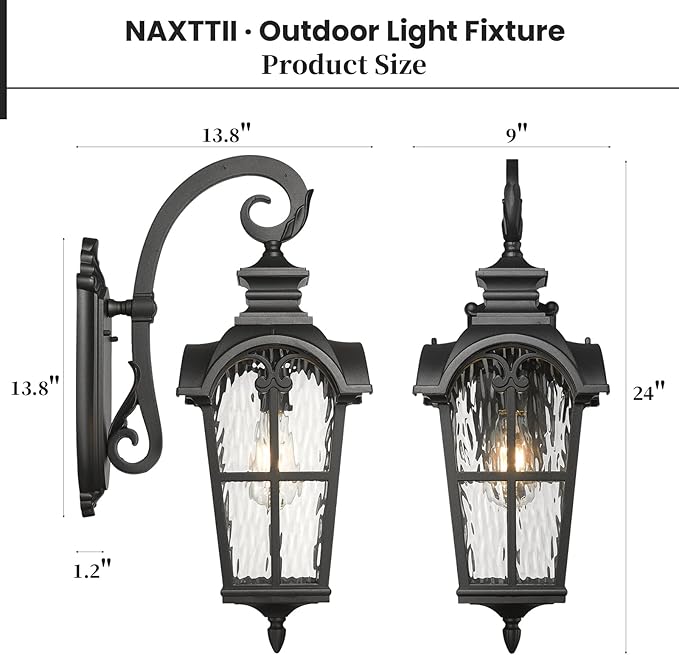 Outdoor Wall Lamps Aluminum Outside Light Fixtures for House 24 Inch Height Large Size Exterior Porch Lights Wall Mount with Water Ripple Glass Black Finish