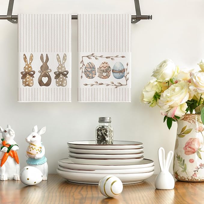 Artoid Mode Stripe Rabbit Bunny Eggs Easter Kitchen Towels Dish Towels