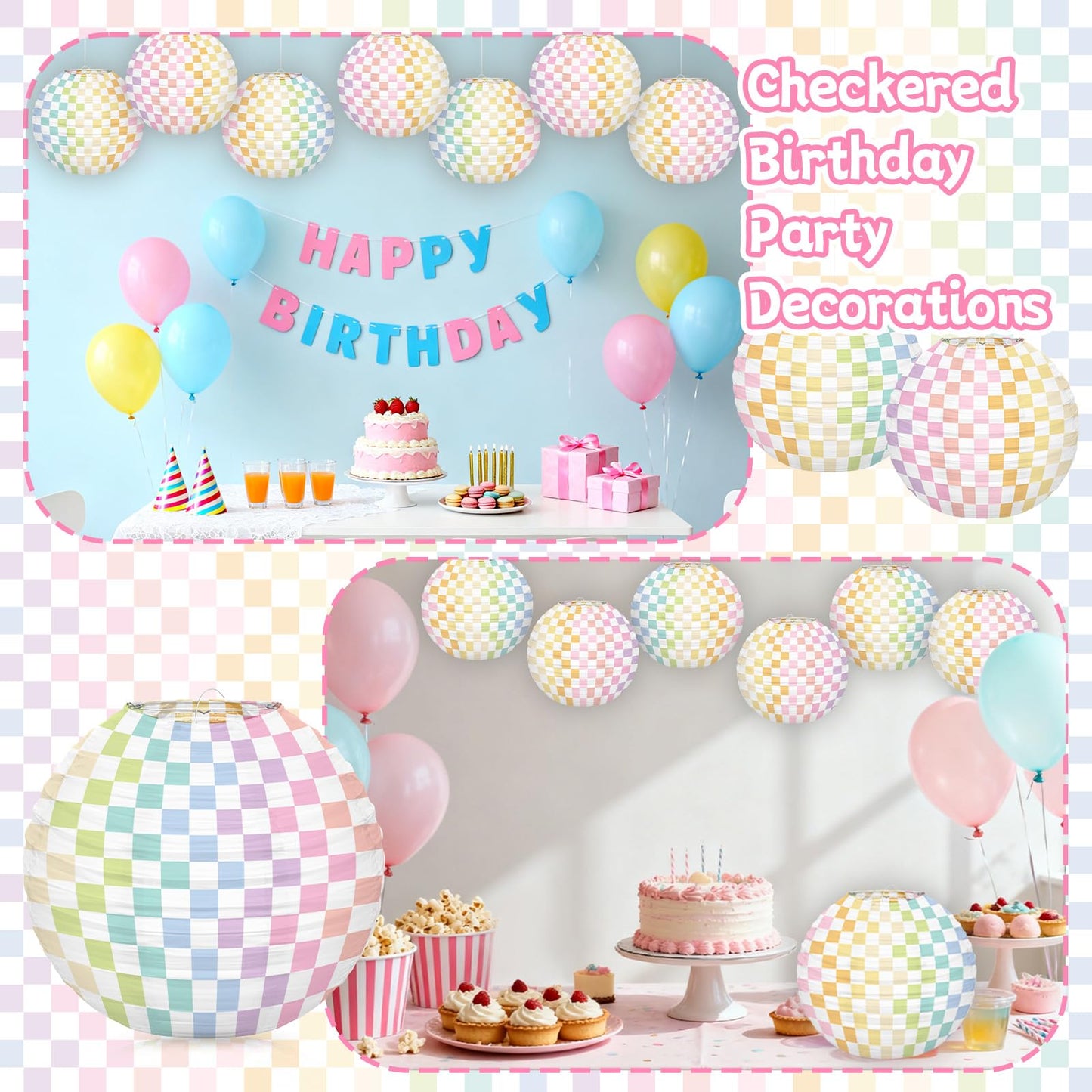 6pcs Pastel Checkered Paper Lanterns Party Decoration, 8inch Pink Gingham Ruond Hanging Lanterns Party Decor for Home Yard Ceiling Classroom Wedding Engagement Birthday Christmas Supplies
