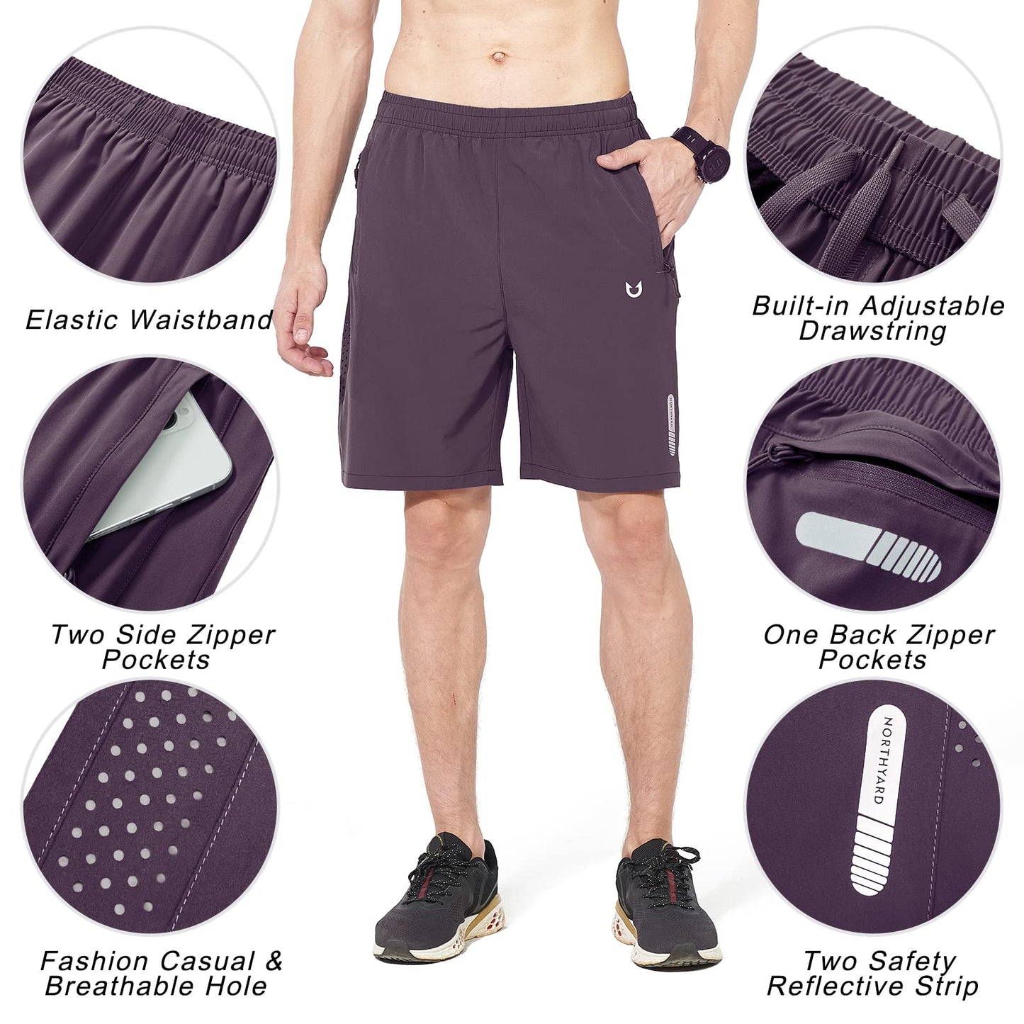 NORTHYARD Men's Athletic Running Shorts Quick Dry Workout Shorts 7"/ 5"/ 9" Lightweight Sports Gym Basketball Shorts Hiking Exercise Plum 2XL