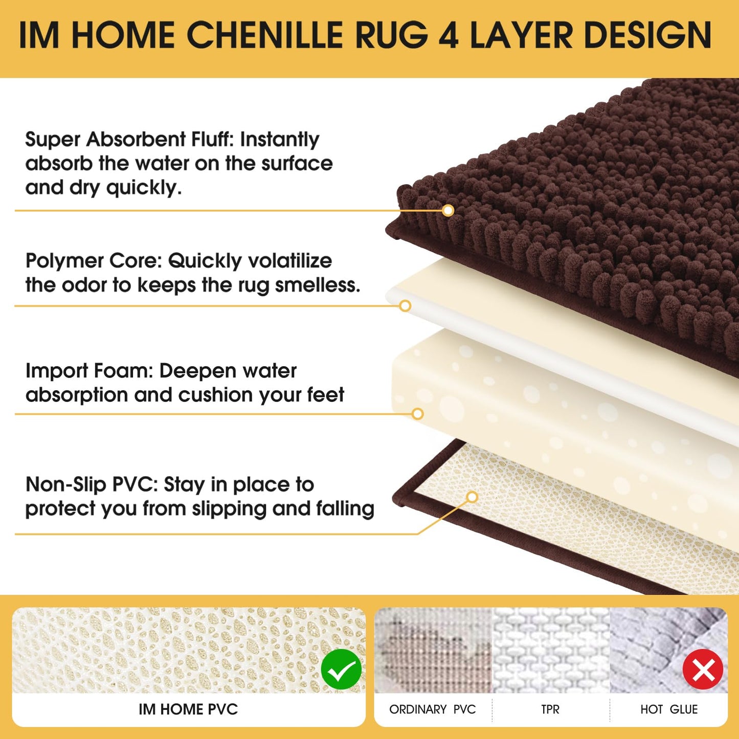 ACCUMTEK Upgrade Extra Large Brown Bathroom Rug Set 3 Pieces Ultra Soft, Thick Absorbent Bath Mats, Non Slip Chenille Toilet Mat for Bathroom, Bedroom, Kitchen, Dark Coffee