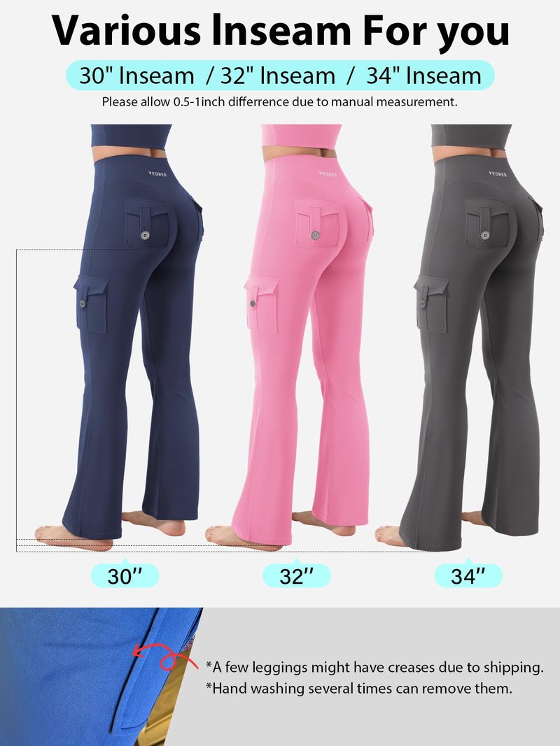 YEOREO CoreFlex Women Workout Flare Leggings with Pockets Hidden Scrunch High Waisted Cargo Gym Yoga No Front Seam Leggings Black M