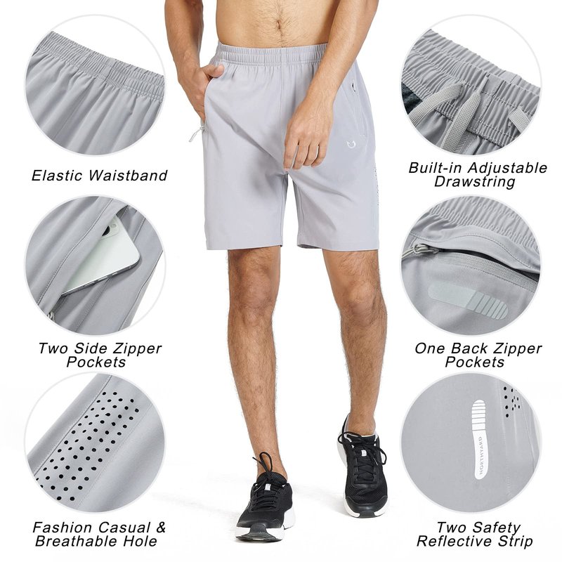 NORTHYARD Men's Athletic Running Shorts Gym Workout 7"/9"/5" Quick Dry Lightweight Sports Basketball Tennis 3 Zipper Pockets Grey 4XL