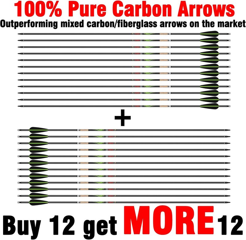 Sanlida 100% Pure Carbon Hunting Arrows - Olympic-Grade 10 Spine Deflection | 0.001" Straightness, 12/24 Pack