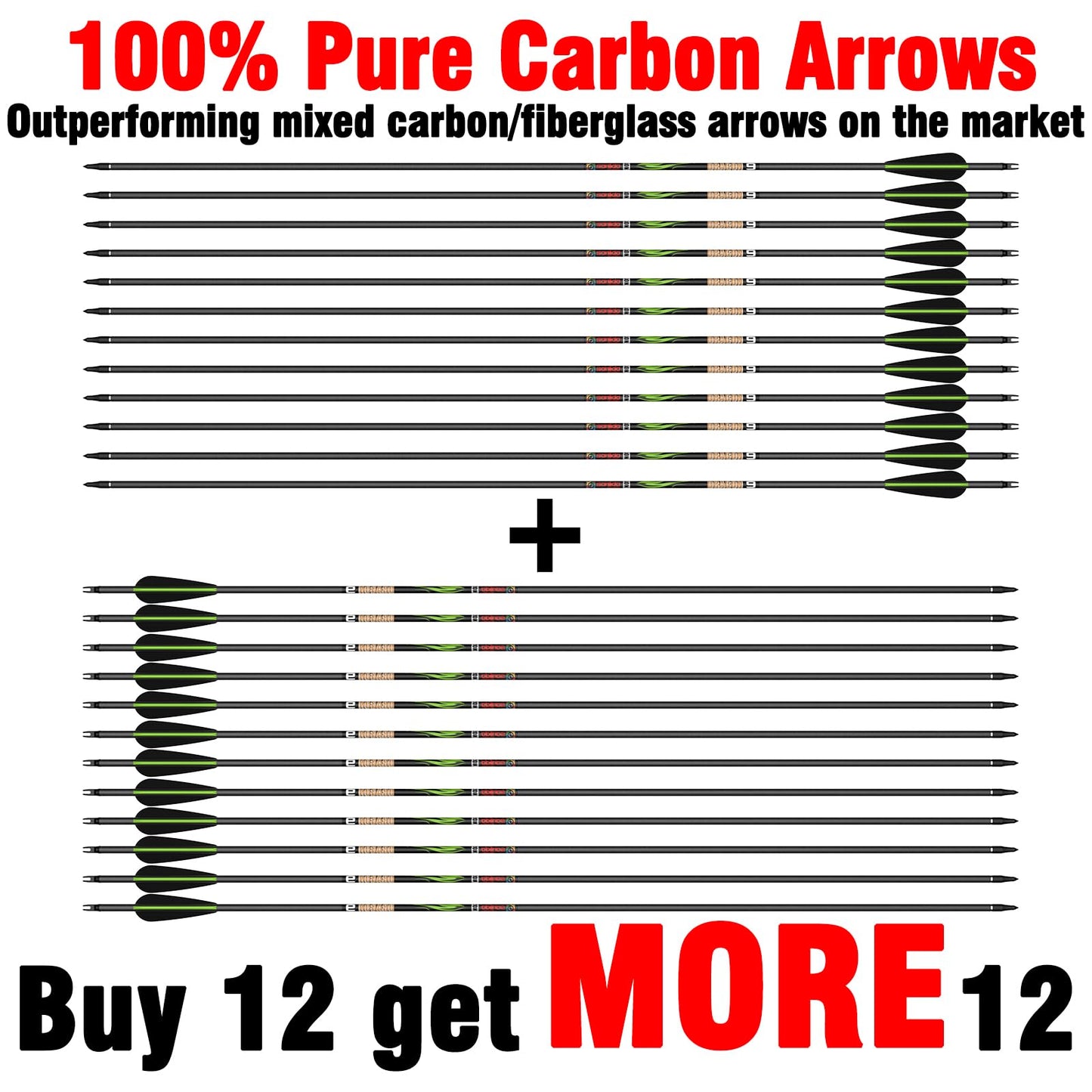 sanlida 24 PCs, 100% Pure Carbon, 0.003'' Straightness, Dragon 9 Flagship 24T Carbon Hunting Arrows for Compound Bow, Professional Standard Hunting Arrows with Removable Tips (320 Spine)