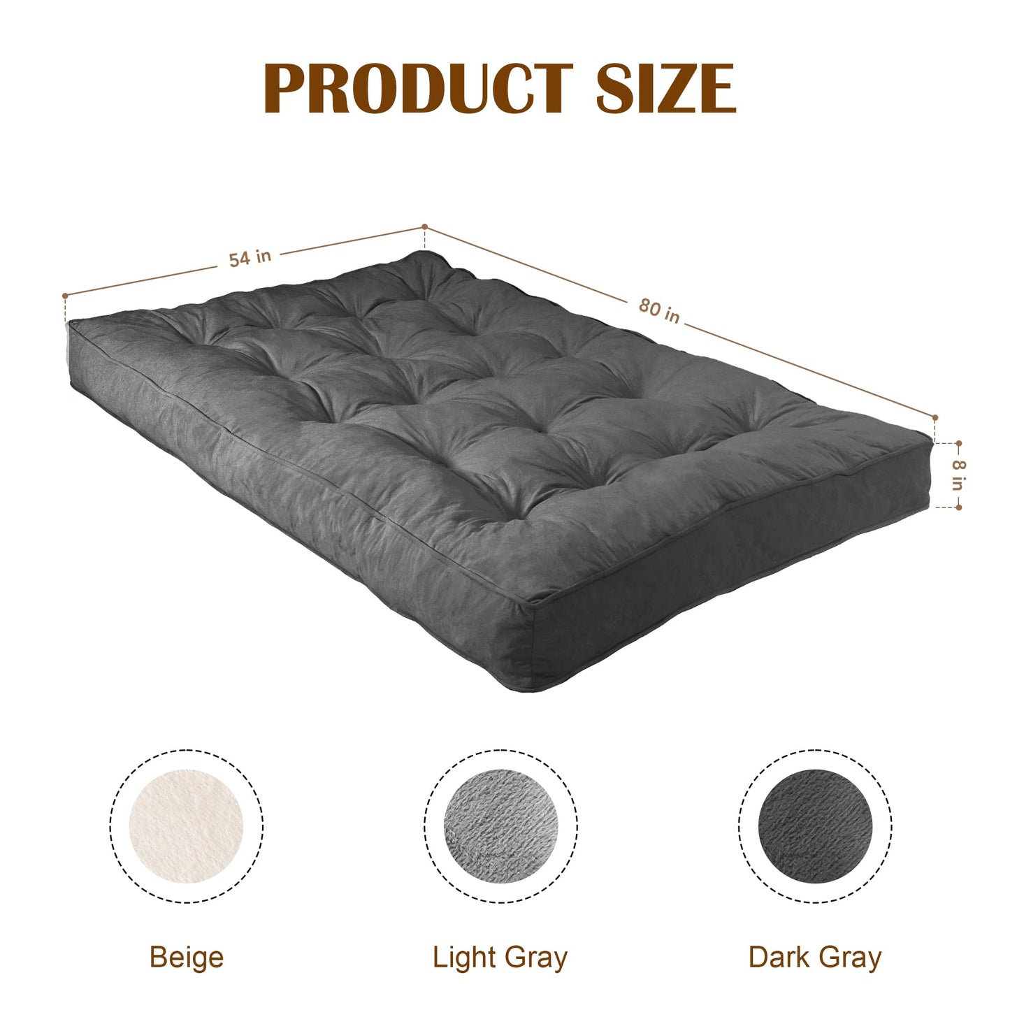 8" Futon Mattress Full Size 54" x 80", Thick Futon Sofa Couch Bed for Adults, Velvet Floor Futon Mattress Shredded Foam Filling, Tatami Sleeping Mat for Camping, Dorm, Dark Gray(Frame Not Included)