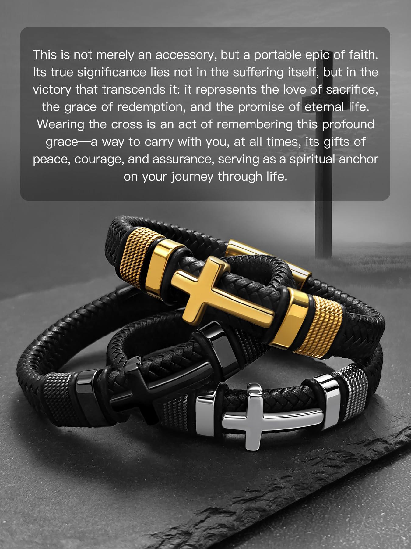 Hoyazvet Cross Cuff Bracelet for Men,Stainless Steel Braided Leather Bible Verse Bracelet with Inspirational Faith Gift for Dad,Brother,Son,family,Religious Baptism and Confirmation Gifts 8.3 Inch