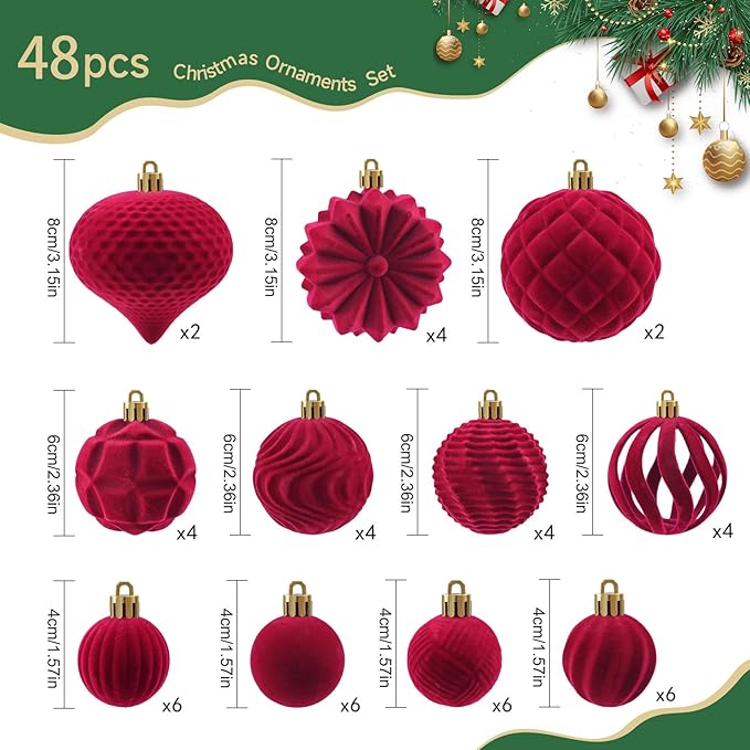 Velvet Christmas Balls 48pcs Flocked Christmas Tree Ornaments Set Shatterproof Christmas Ornaments with Hanging Rings Suitable for Xmas Tree Holiday Decor (Wine Red)