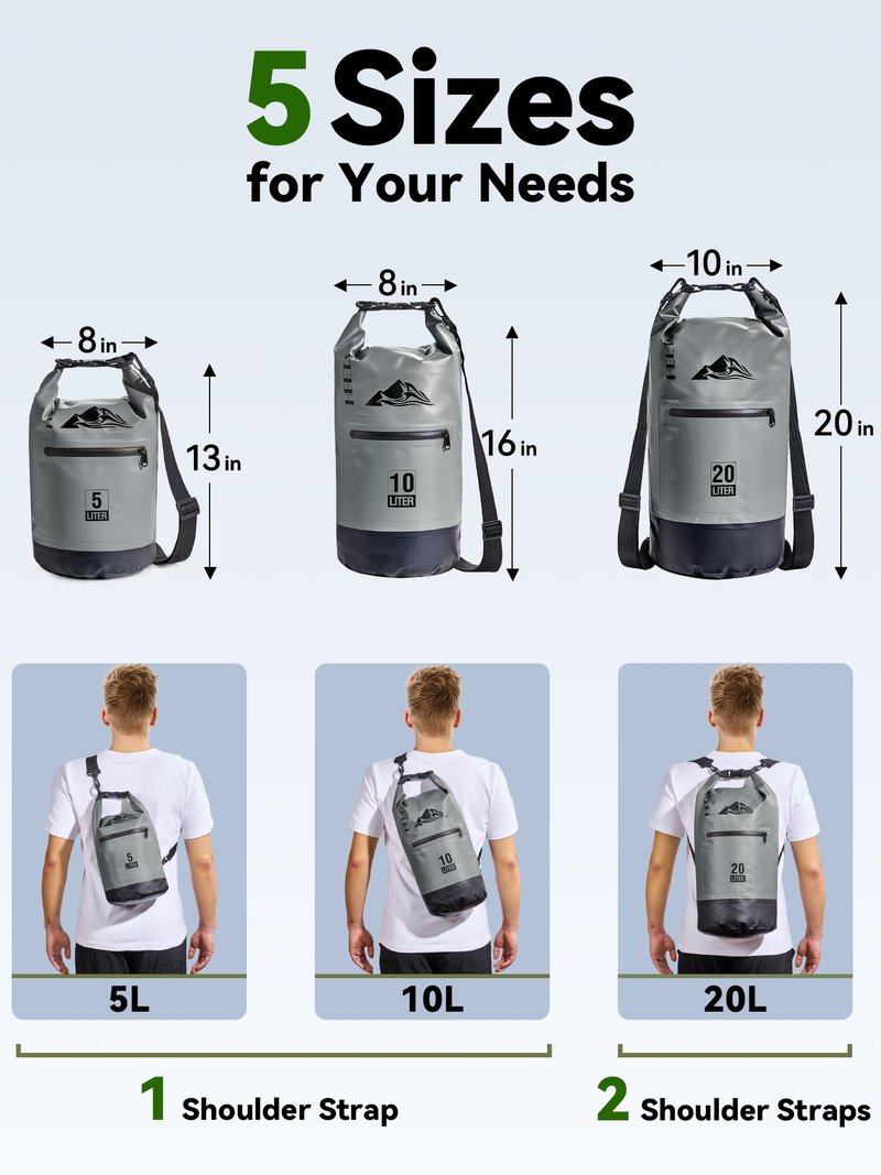 HEETA Waterproof Dry Bag with Front Zippered Pocket for Women Men, Roll Top Lightweight Dry Storage Bag Backpack for Travel, Kayaking, Boating, Rafting, Camping, Hiking & Beach (Grey, 5L)