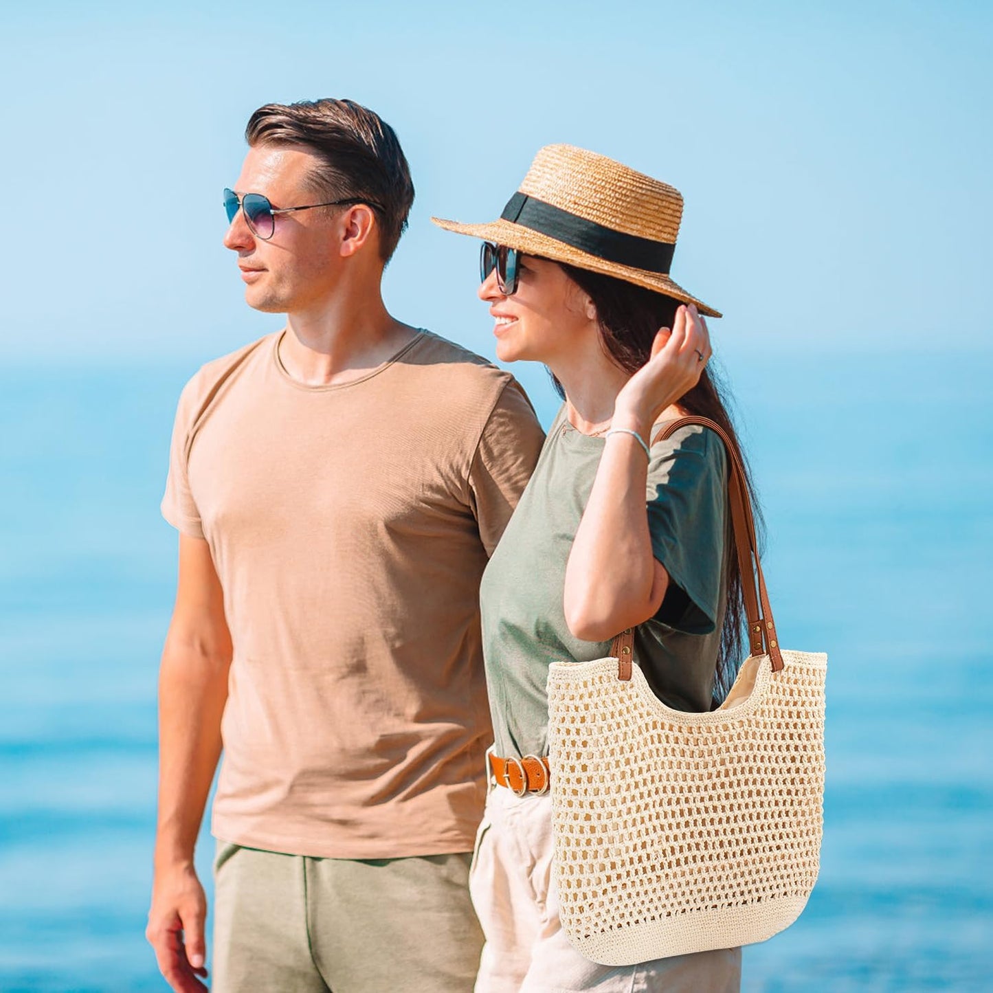 Peicees Crochet Beach Bag Purse, Boho Woven Tote with Leak-Proof Lining For Summer Vacation Travel Casual Shoulder Bag Soft