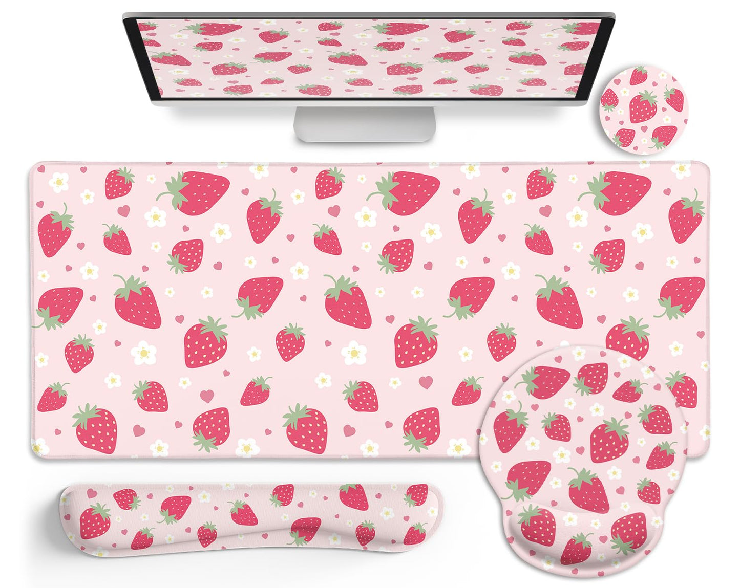LIMKRIAN Strawberry Mouse Pad Desk Mat Set, Pink Ergonomic Mouse Pad with Wrist Rest, Large Gaming Mousepad Wrist Support Keyboard Mat Cup Coaster Set, Cute Office Desk Decor Accessories Supplies