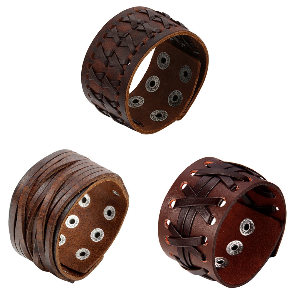 OIDEA Assorted 3pcs Mens Punk Multistrand Leather Braided Bangle Cuff Bracelet for Biker Dad Father, Size Adjustable,Brown