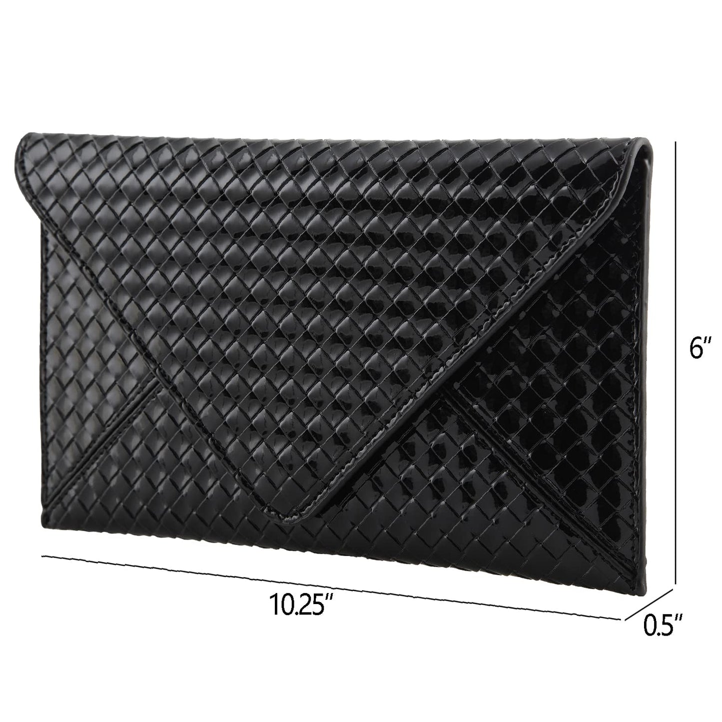 JNB Glossy Envelope Clutch Purse for Women, Faux Patent Leather Evening Bag with Detachable Chain Strap, Magnetic Snap Closure, Zipper Pocket, Black with Gold Hardware