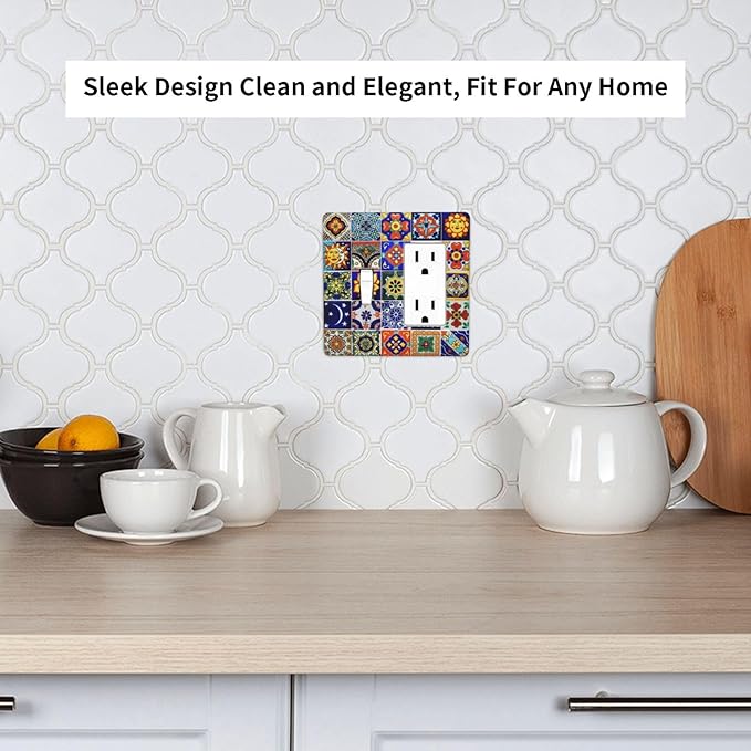Traditional Colorful Talavera Mexican Spanish Moroccan Tiles 2 Gang Combination Light Switch Cover Decorative Toggle Rocker/Decora Wall Plate Electrical Faceplate for Bathroom Kitchen Home Decor