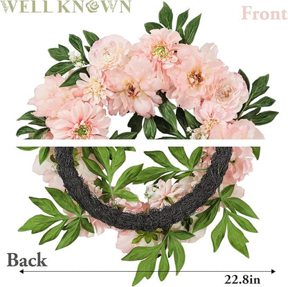 WELL KNOWN Artificial Silk Peony Flower Wreath, Fall Winter Wreaths for Front Door Porch, Wreath for Home Office Shops Wall Hanging Window Wedding Farmhouse Thanksgiving Party Decor (Blush Pink)