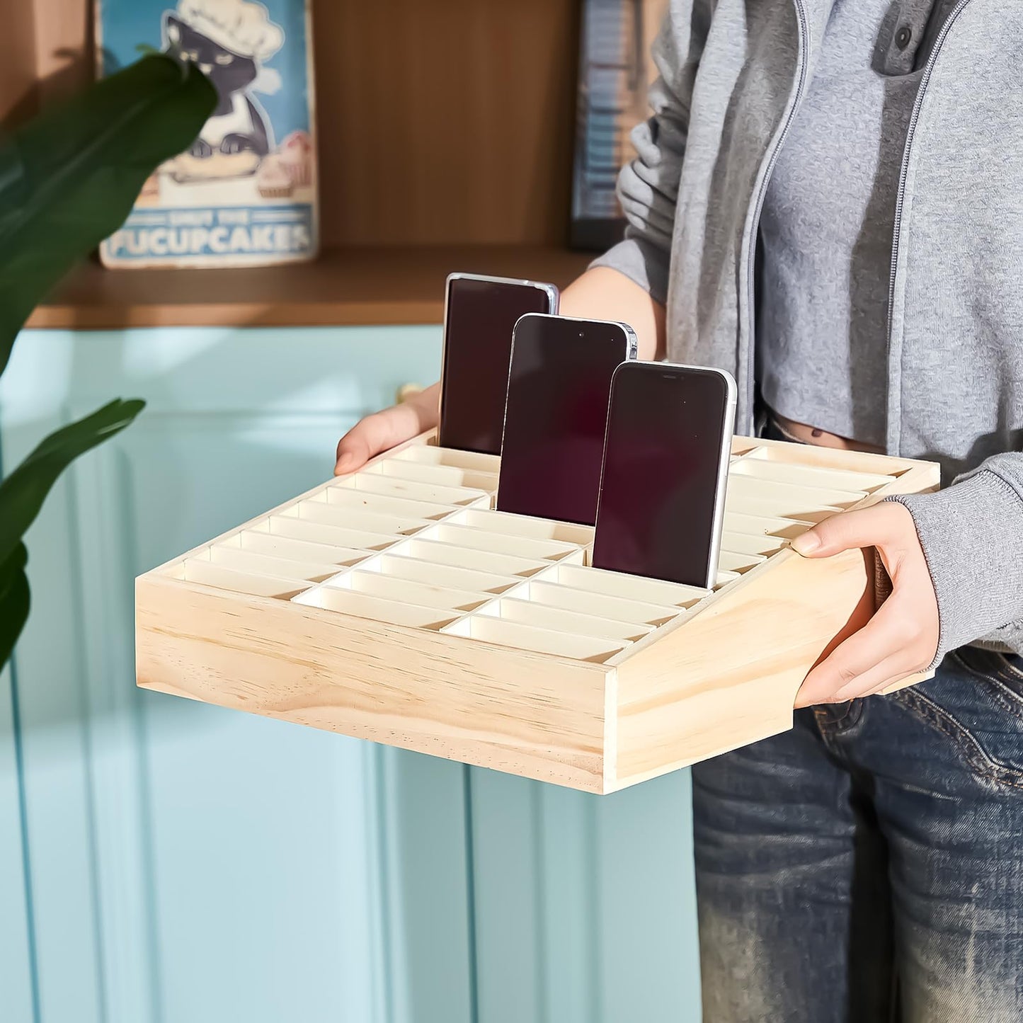 CroBlissful 2 Pcs 36 Grid Wooden Cell Phone Holder Classroom Wood Cell Phones Storage Box Desktop Mobile Phone Organizer for School Classroom Office
