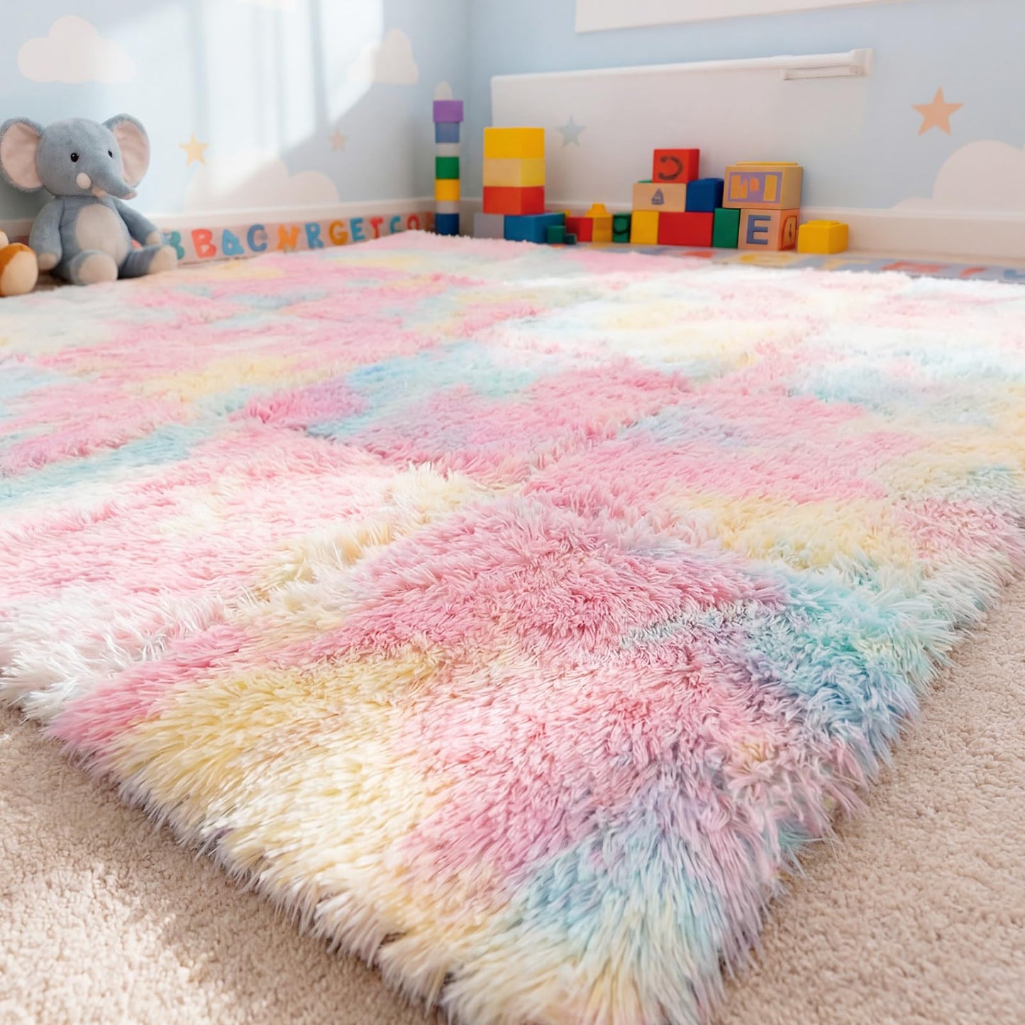 Maasechs 16 Pcs Pastel Rainbow Faux Fur Floor Tiles, 11.8 x 11.8 in Puzzle Girls Play Soft Tiles, 1.5 Inch Shaggy Square, EVA Foam Floor Mat for Nursery, Playroom, Bedroom, Toddler Room, Daycare
