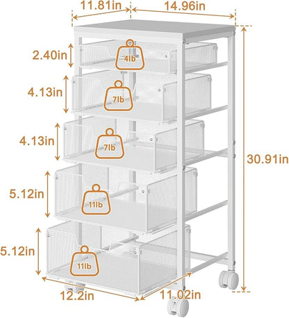 Kitchen Storage Cart with Wheels, 5-Tier Fruit Vegetable Storage Cart, Kitchen Organizer and Storage Cart with Drawers, Wooden Top Metal Wire Pantry Storage Cart for Fruit Snack Onion Potato, White
