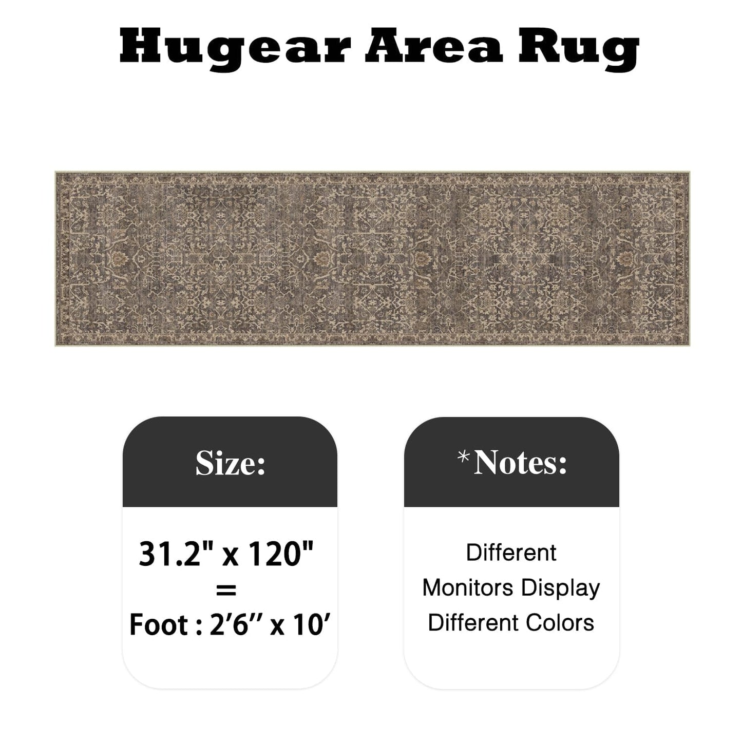 HUGEAR 2'6''x10 Runner Rug Machine Washable Retro Brown Hallway Area Rug Indoor Vintage Rug Floral Low Pile Carpet Soft Throw Rug Bedroom Living Room Office Dining Room Kitchen Laundry Room Non Slip