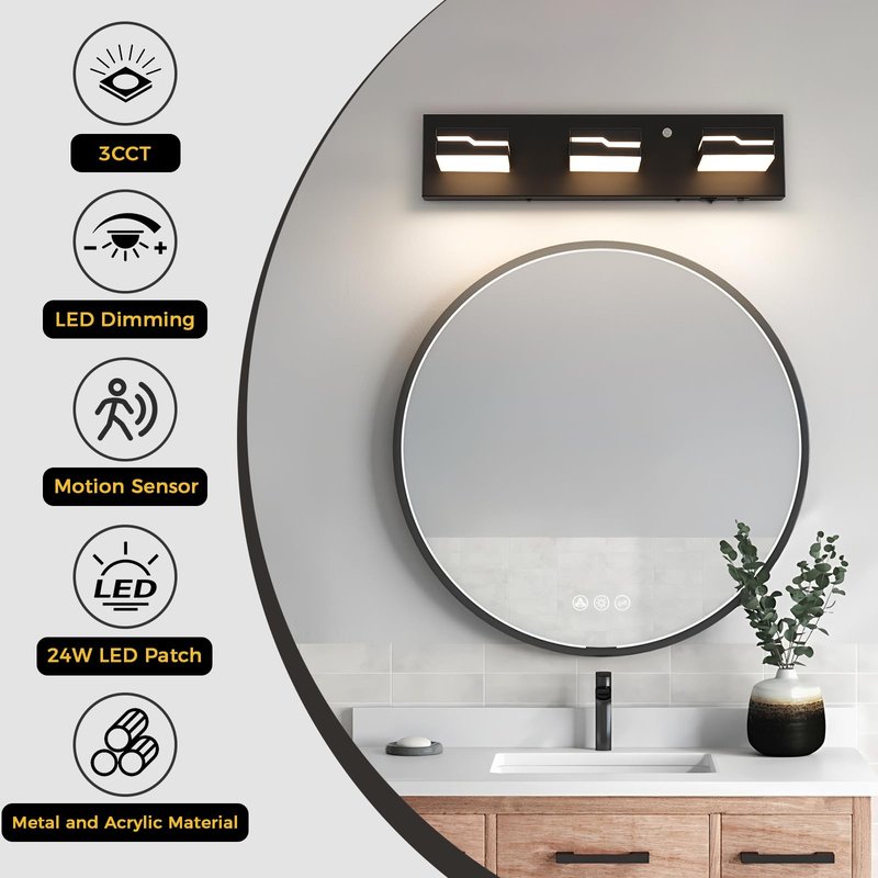Merexcint LED Modern Bathroom Vanity Light Fixtures 3-Light, 19 inch 3CCT Dimmable Nickel Motion Sensor Vanity Lights for Bathroom Lighting Fixtures Over Mirror, with 350° Rotatable Acrylic Heads