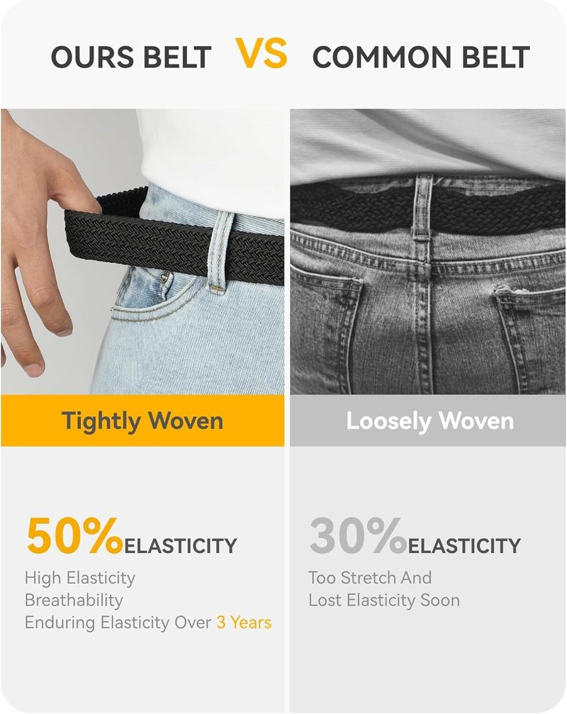Braided Stretch Golf Belt for Men - Adjustable 1 3/8” Casual Belt for Pants, Shorts & Jeans