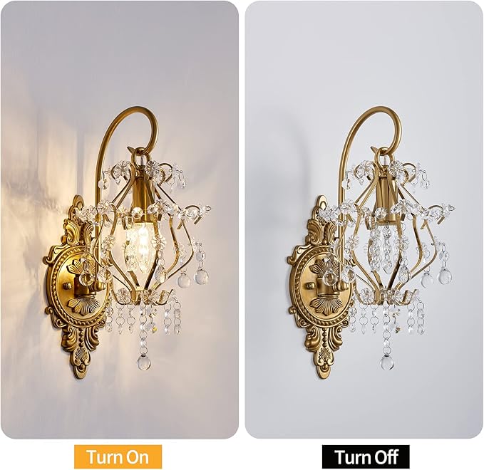 Gold Crystal Vintage Wall Sconces Set of 2 Indoor Hardwired Wall Light Fixture, Modern Wall Mount Lamp Light for Bedroom Living Room Bathroom Vanity Light Hallway Light Fixture Decor LED E12