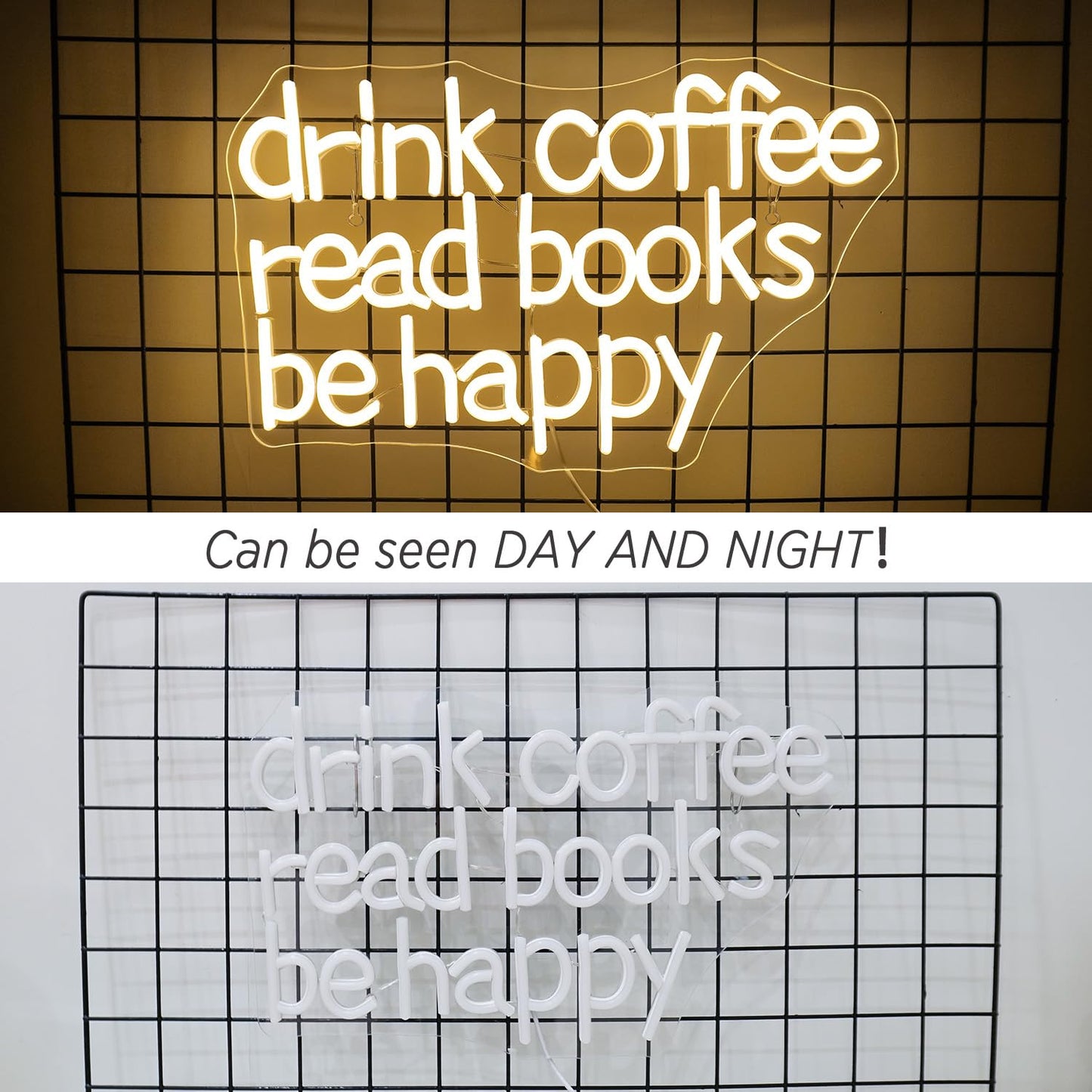 Looklight Drink Coffee Read Books Be Happy Neon Sign Warm White Read Books Led Neon Light for Wall Decor Dimmable USB Neon Light Up Signs for Classroom Coffee Shop Bookstore Library Museum Study Room