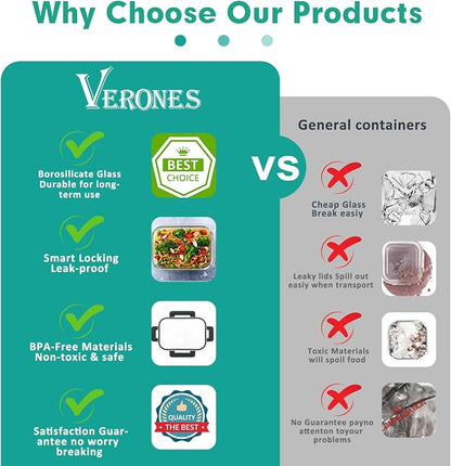 VERONES 30 Pieces Glass Meal Prep Containers Set, Stackable Glass Food Storage Containers with Lids-Airtight Lunch Containers，for Microwave, Oven, Freezer & Dishwasher,Green
