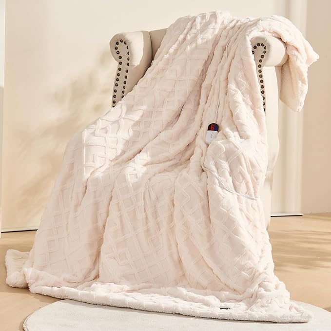 Heated Blanket King Size, Dual Control,Soft Faux Rabbit Fur Electric Blanket 90"x 100" with Overheat Protection, 6 Heating Levels & 10H Auto Off, ETL Certification（Cream）