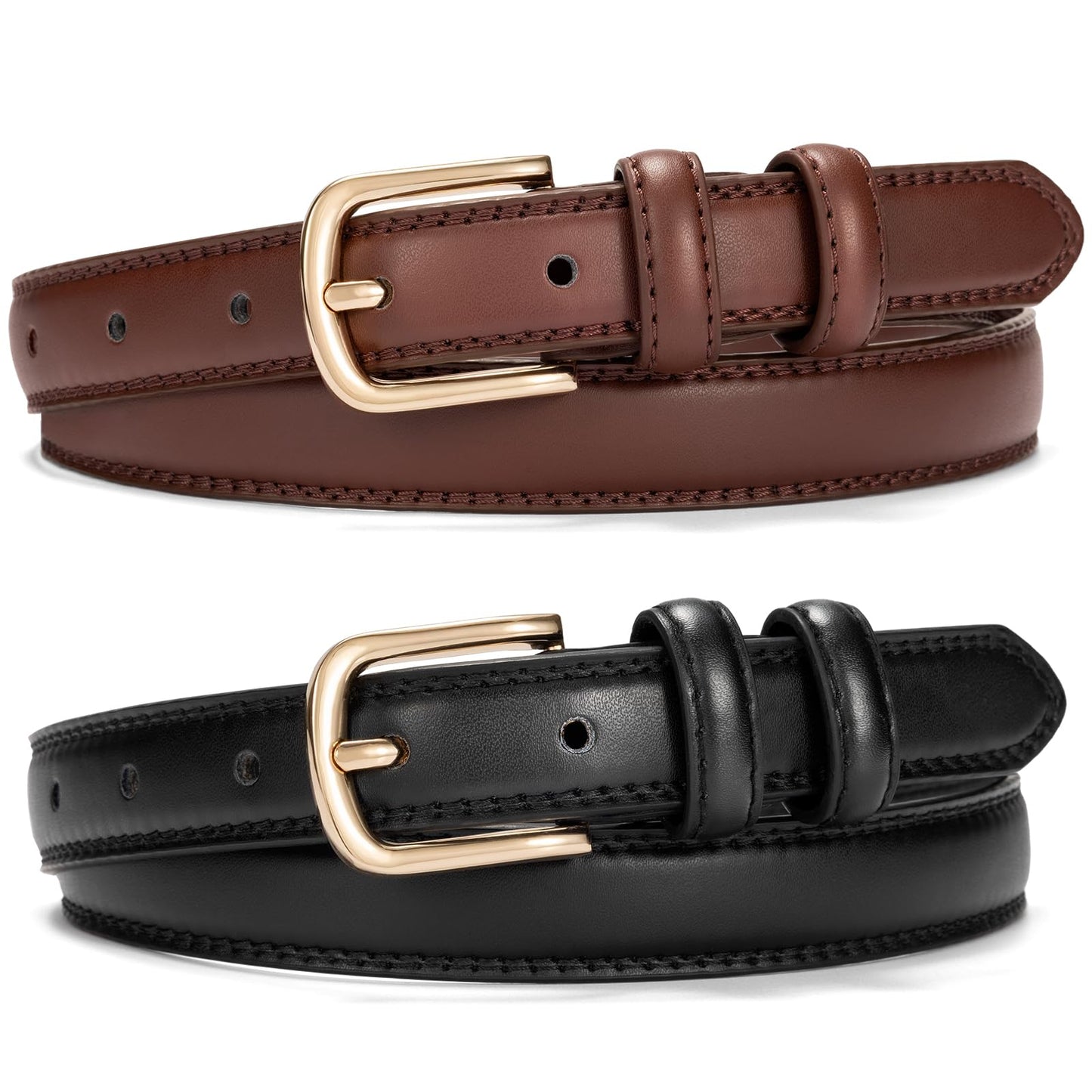 Alphyly Neries 2 Pack Leather Belts for Women Trendy, Women's Belts for Jeans Pants Dresses with Gold Buckle, Black and Coffee, Fits Waist Size 39-43”