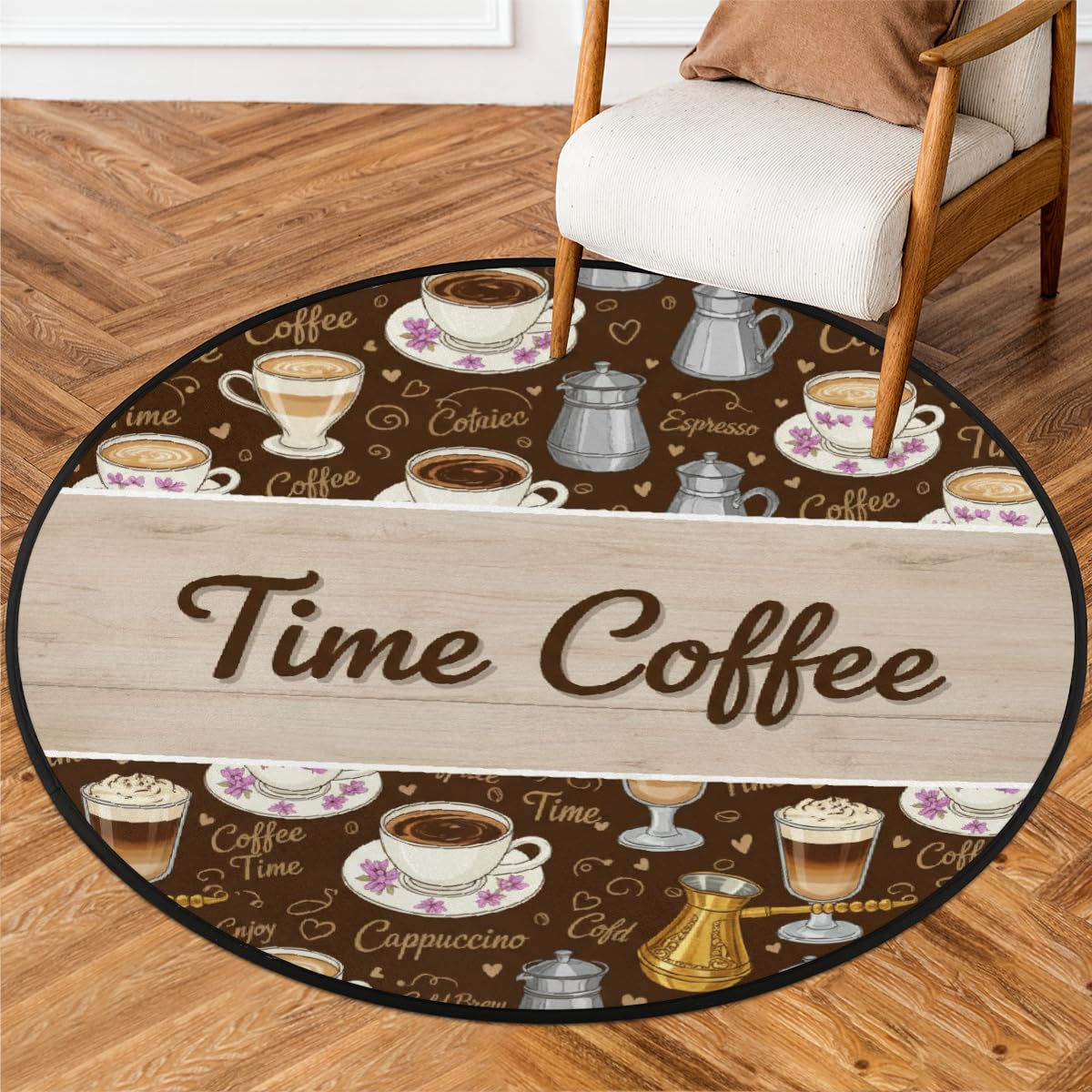 Round Area Rug 5Ft - Coffee Time Circle Entryway Rugs No Slip Washable Indoor Floor Throw Rug Carpet for Living Room Sofa Bedroom Under Dining Table, Aesthetic Decor