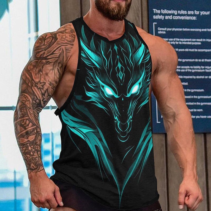 Bodybuilding Tank Tops for Men Dragon Print Crewneck Pullover Loose Fit Sleeveless Shirts Gym Yoga Summer Beach Breathable Lightweight Quick Dry Muscle Cotton Casual Stringer Shirts,S
