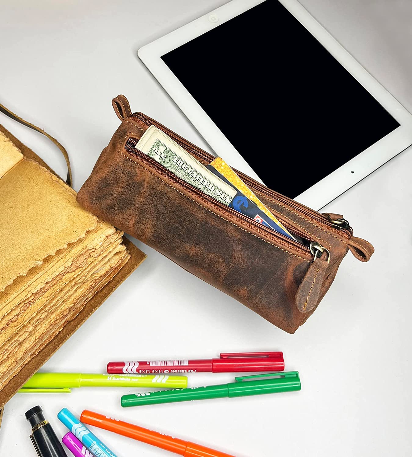 Rustic Town Leather Pencil Case - Vintage Zippered Pencil Pouch & Pen Case for Adults, Artists, Writers - Gift for Men & Women