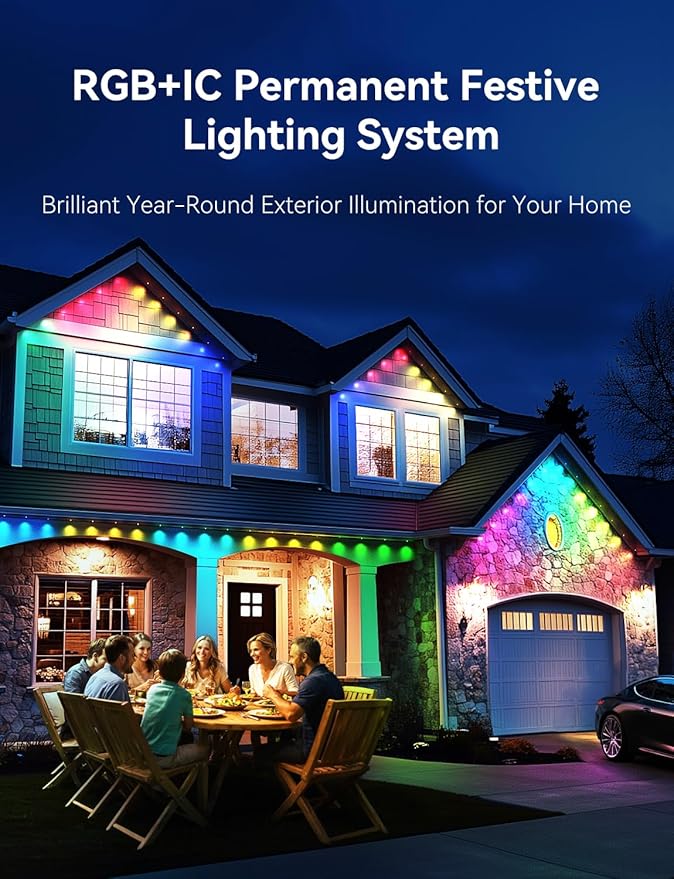 Permanent Outdoor Lights for House, RGB+IC IP67 Waterproof Smart Eave Lights 100ft with 72 LED, Eternity Lighting for Holiday Daily Decor, Work with Remote, APP