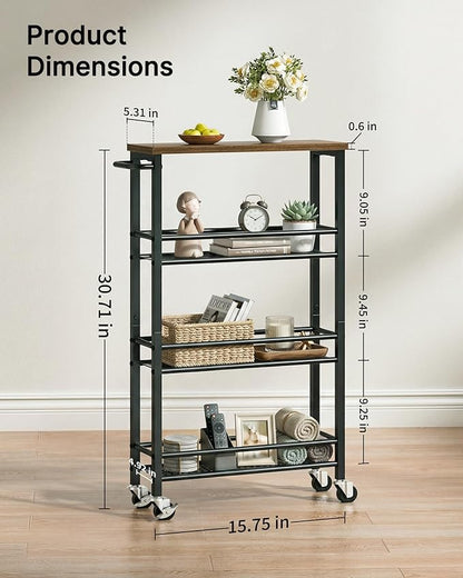Pipishell Slim Storage Cart with Wheels - 4 Tier Rolling Kitchen Storage Cart with Handle and Wood Top, Metal Slim Bathroom Cart for Laundry Room, Bathroom, Kitchen, Narrow Space, Black & Rustic Brown