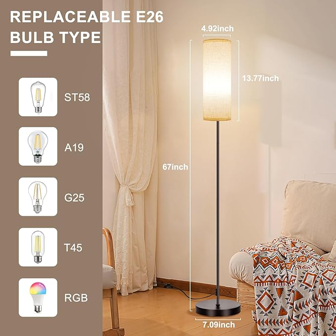 FRIDEKO HOME Floor Lamps for Living Room, Dimmable 3 Colors Temperature, Modern Corner Floor Lamp with Remote, Tall LED Standing Lamps for Kid Room Bedroom, Foot Switch, Beige Shade, 9W Smart Bulb