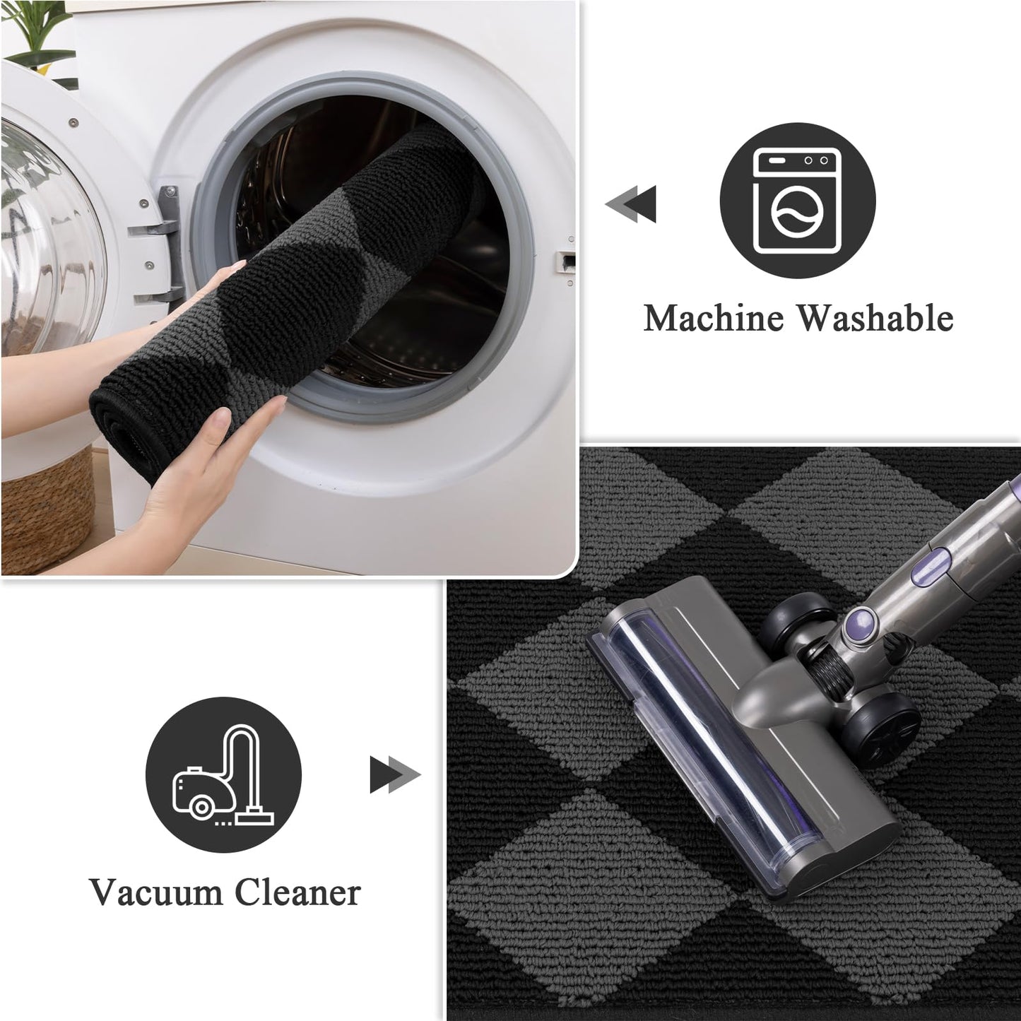 SHACOS 3Pcs Kitchen Rug, Checkered Kitchen Mat for Floor, Washable Non Slip Runner Rug for Hallway Entryway, Kitchen Runner Set for Kitchen, Front of Sink (17"x30"+17"x47"+17"x59", Black/Grey)