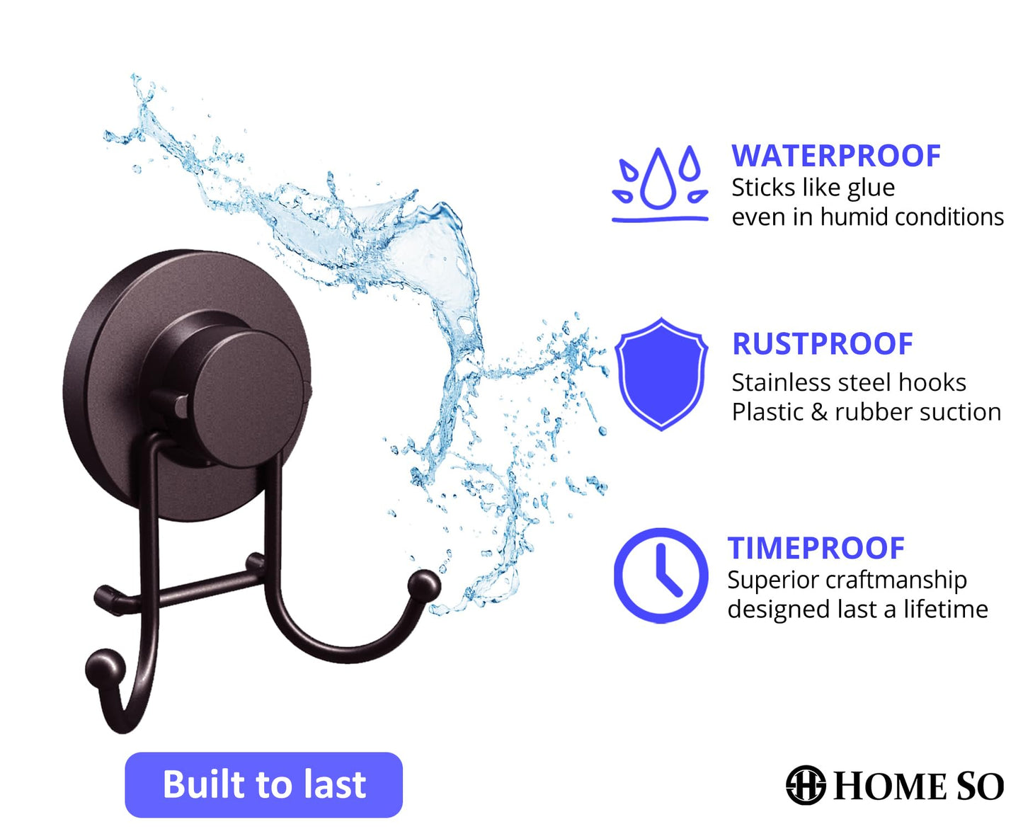 HOME SO Suction Cup Hooks for Shower & Bathroom Towel Holder 2-Pack – Suction Cups Hooks for Hanging Towels, Robes, & Coats - Tiles, Glass Door or Mirror – Shower and Towel Hooks - Bronze, Stainless