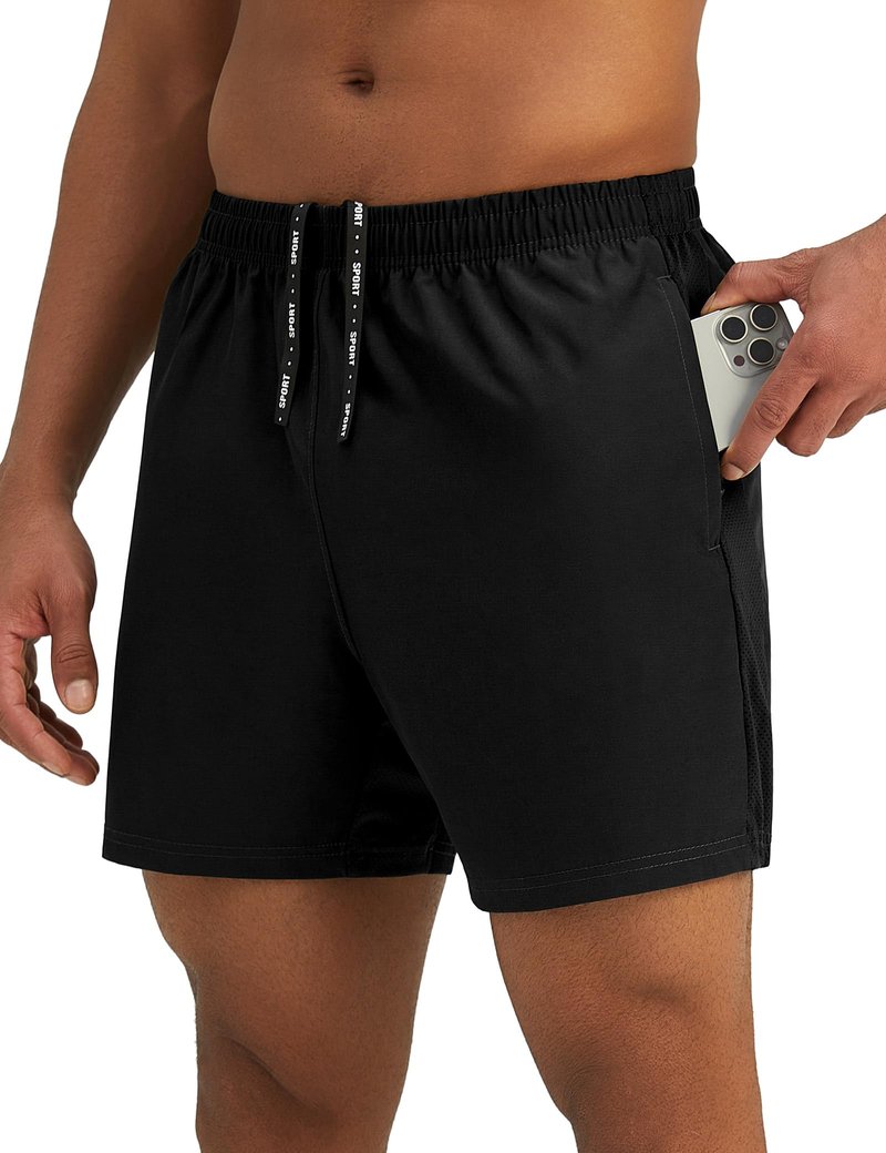 Pesfix Mens 5'' Lightweight Athletic Shorts Quick Dry Gym Workout Running Shorts with Zipper Pockets Black,Large