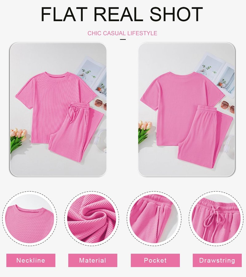 SHEWIN Women's Two 2 Piece Outfits Sweatsuit Lounge Sets for Women 2025 Short Sleeve T Shirts Casual Loose Pants Comfy Tracksuit Set Spring Clothes Pink M